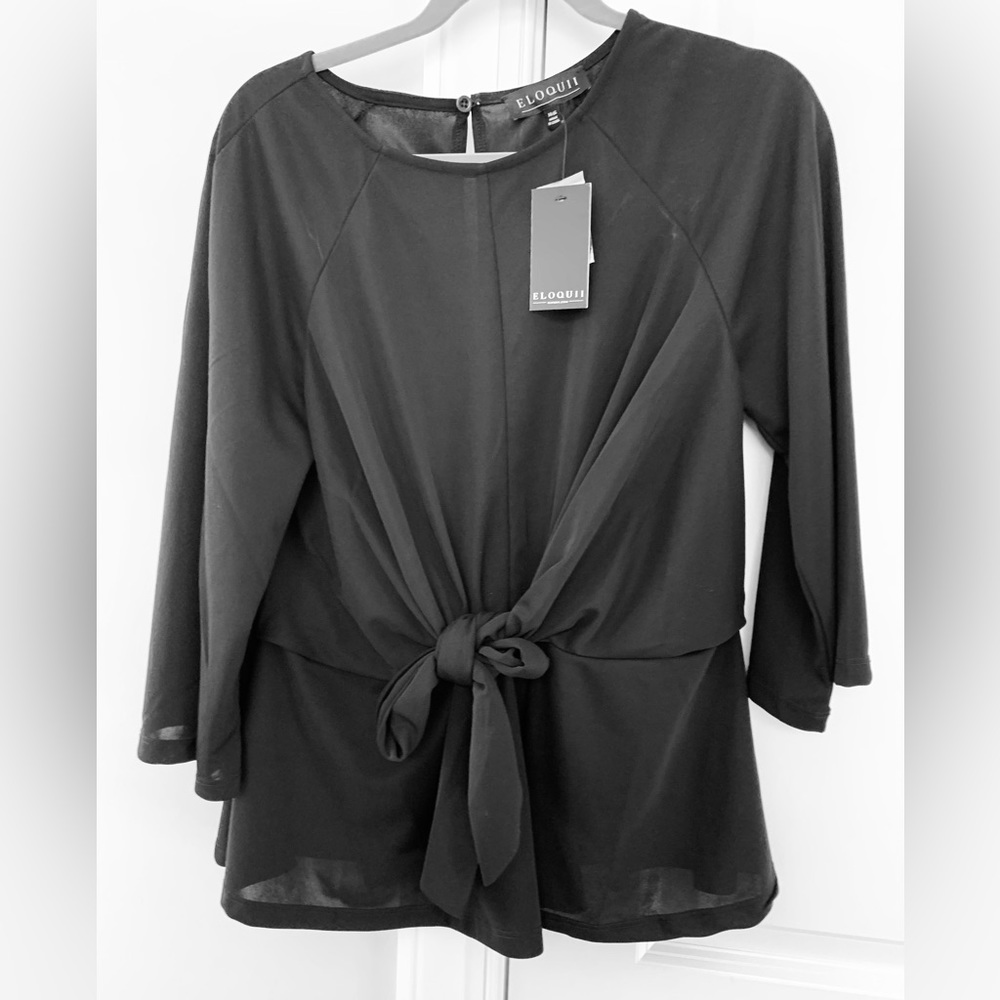 Black Eloquii Top, Stretch material & front tie sash.  Super slimming size 14/16